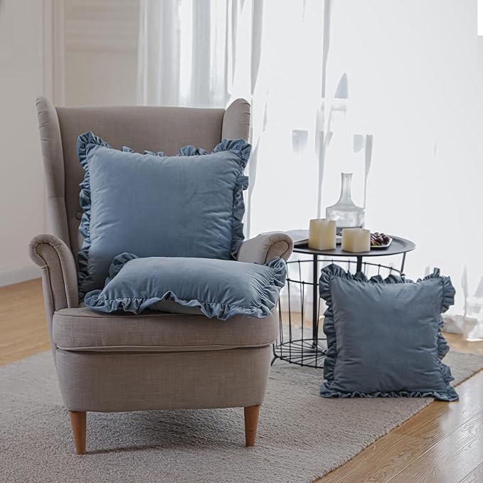 ISAENNE Classic Port Gray Square Throw Pillow Covers 18"x18" Set of 2, Solid Color Farmhouse Velvet Decoration Pillow Cover with Ruffles,Throw Pillow Case for Couch Sofa Bed Living Room Car