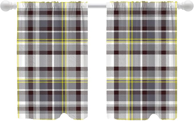 Shrahala Grunge Vintage Art Plaid Blackout Curtain Tiers, Tartan Grey Kitchen Valance Light Blocking Tier Drapes with Rod Pocket, 2 Pack 26 X 36 in