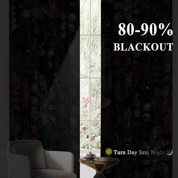 Estelar Textiler Leaves and Petals Pattern Design Room Darkening Blackout Curtains 84 Inch Long, Navy Blue Energy Saving Thermal Insulated Window Drapes for Living Room/Bedroom, 52x84 Inch, 2 Panels
