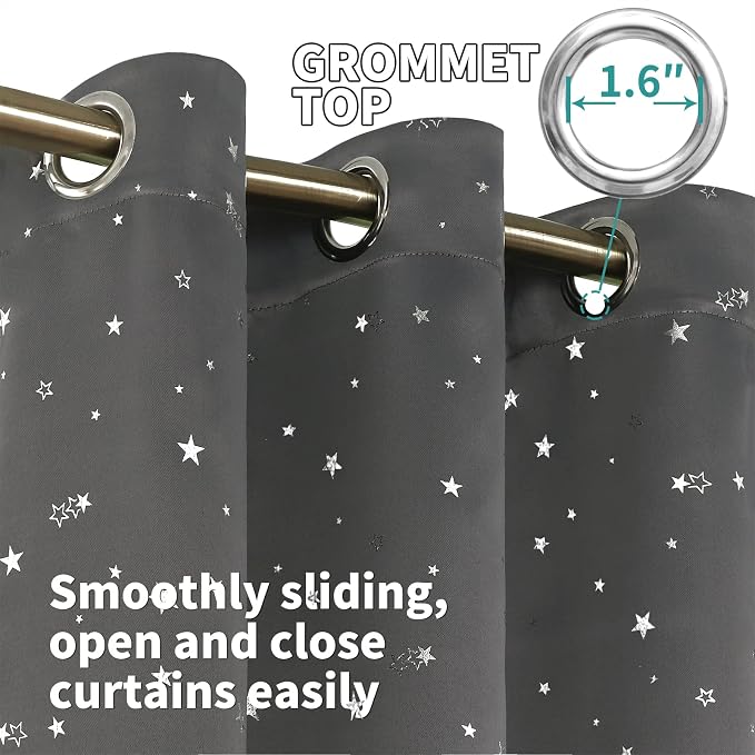 BGment Kids Blackout Curtains for Bedroom - Grommet Thermal Insulated Silver Star Print Room Darkening Curtains for Living Room, Set of 2 Panels (52 x 63 Inch, Dark Grey)