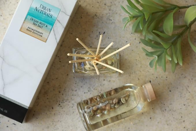 Urban Naturals Reed Diffuser Set, Ocean Mist & Sea Salt - Bathroom Décor | Made with Essential Oils & Real Seashells, Decorative Air Freshener Room Diffuser