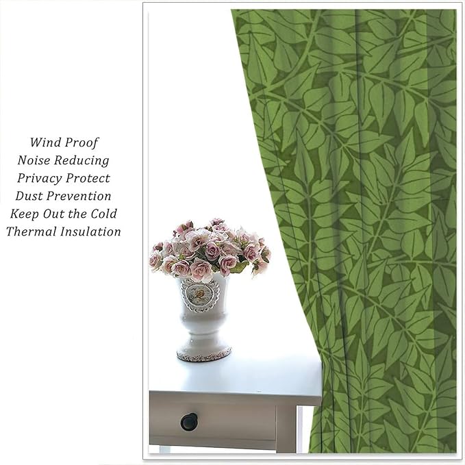 Bohemia Retro William Morris Art Blackout Window Curtains, Flowers Foliage on Green Background Curtains, for Living Room Bedroom 21(W)*63(L) 2 Panels