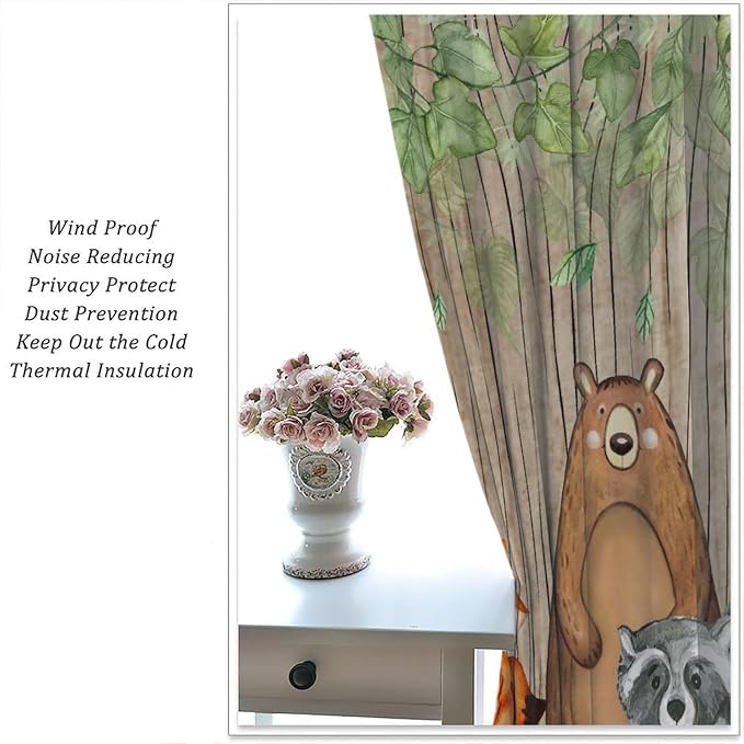 Forest Animal Kids Curtains, Wild Rustic Bear Fox Deer Children Cartoon Window Treatments for Living Room, Watercolor Navy Blackout Drapes 2 Panel Sets,63x63 Inch