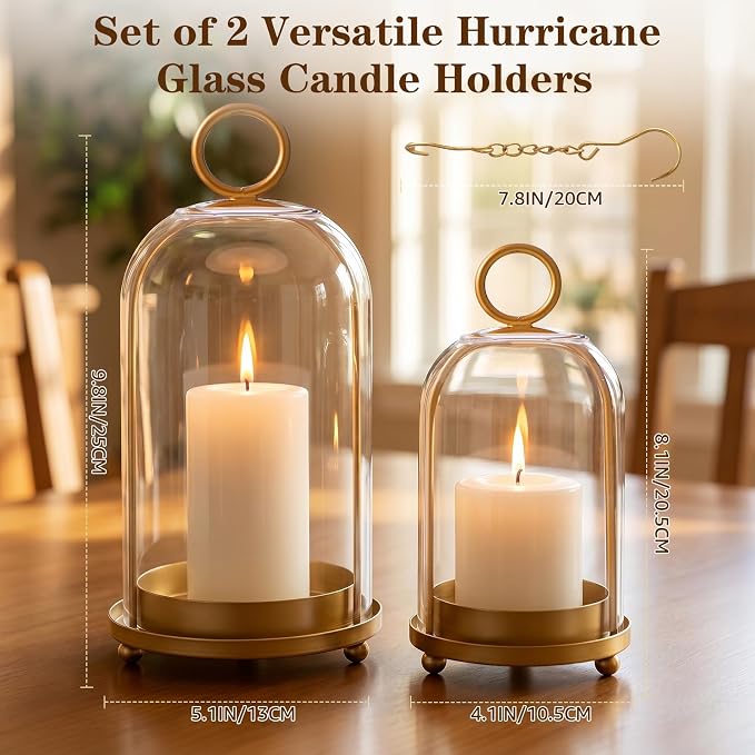 Hurricane Glass Candle Holders Set of 2 with Brass Base (9.8" & 8.1") | Cloche Glass Dome,Vintage Brass Finish,Thickened Glass Cloche,Hang or Display,Steady 3-Point Base,Vintage Farmhouse Decor
