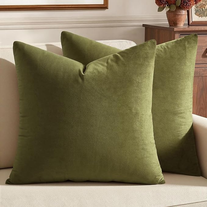 MIULEE 24x24 Inch Euro Sham Velvet Pillow Covers, Set of 2 Large Square Decorative Pillows -Olive Green Super Soft for King Bed, Sofa, Couch, Accent Chairs with Hidden Zipper