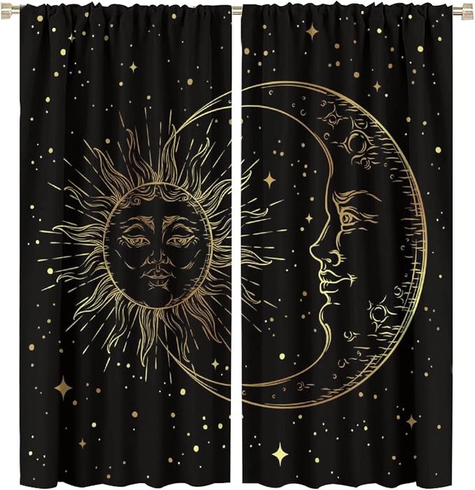 Gold Sun and Moon Blackout Windows Curtains, Fantasy Mandala Bohemian Universe Galaxy Printed Curtains, for Living Room Bedroom 63x72in 2 Panels