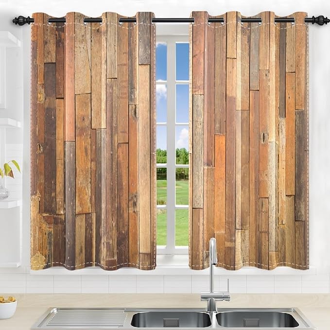 Wooden Curtains Vertical Planks Wooden Window Curtains Rustic Wooden Barn Door Grain Cottage Hardwood Garage Door Bedroom Living Room Window Drapes Decor with Grommets,42x63 inch,2 Panels