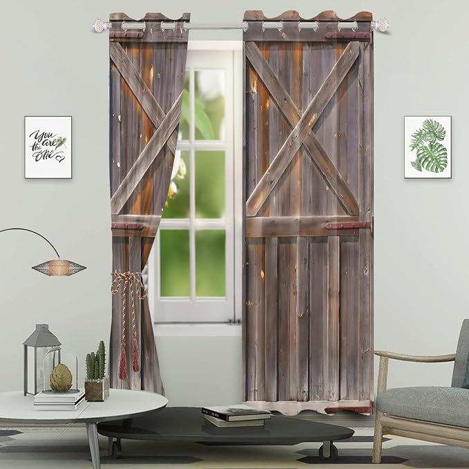 Rustic Wooden Curtains Vintage Wood Barn Door Window Curtains Old Garage Door American Native Country Farmhouse Rural Farm Style Living Room Window Drapes Treatment,42x108 inch,2 Panels