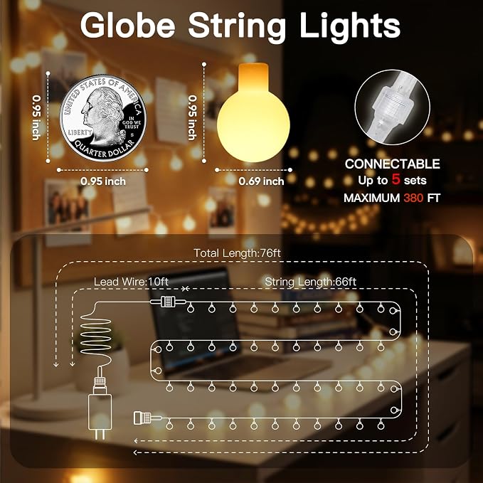 suddus 76ft Connectable Globe String Lights Plug in Remote Warm White | 200 Led Hanging Fairy Lights With Timer,String Lights for Bedroom for Bedroom, Dorm, Classroom,Indoor,Outdoor Decor