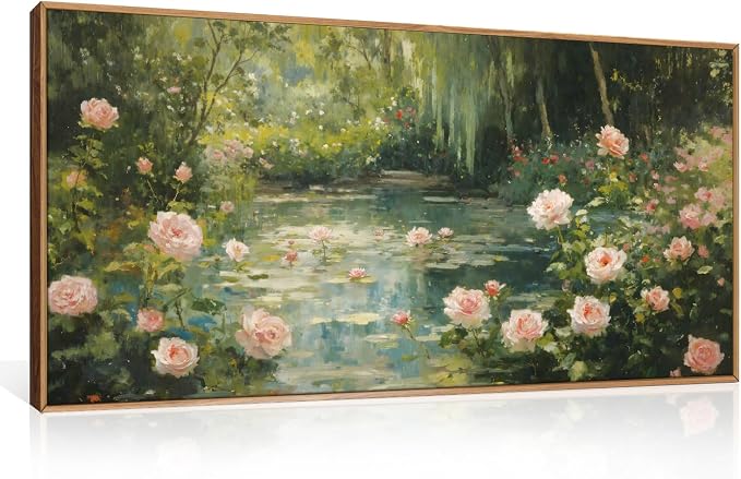 Water Lilies Monet Framed Canvas Wall Art Set,Garden Pond Impressionist Floral Wall Decor,Vintage Oil Green Vibrant Flower Botanical Artwork for Living Room, Bedroom,Farmhouse-40 x20 x1