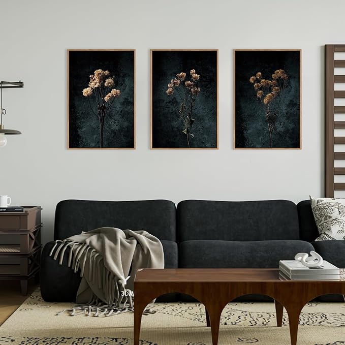 LHIUEM Dark Moody Wildflowers Framed Canvas Wall Art Set,Minimalist Wildflower Wall Decor,Vintage Black Flower Botanical Painting, Aesthetic Floral Artwork for Living Room,Bedroom,Office-16''x24''x3