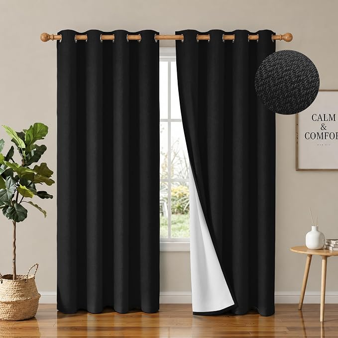 4 Panels 100% Blackout Linen-Textured Curtains, Thick Thermal Insulated Grommet Drapes with Subtle Herringbone Weave, Luxury Decor for Bedroom/Living Room, 54 x 84 Inches, Black