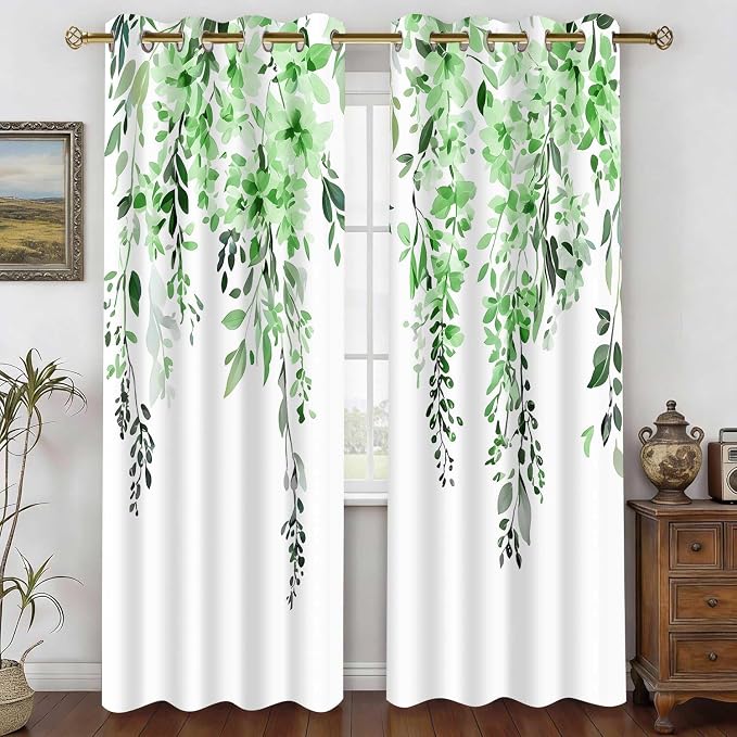 Green Watercolor Floral Curtains, Botanical Leaves Vine Flowers Curtain, Rustic Farmhouse Flower Leaf Blackout Window Treatment Drapes for Bedroom Living Room 42x90 inch, 2 Panels