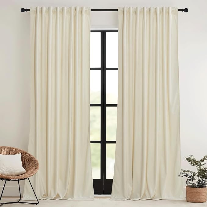 RYB HOME Beige Velvet Curtains 72 inches with Hook Belt, Soft Fabric Room Darkening Thermal Insulated Luxurious Home Decor Curtains for Living Room Bedroom, W 52" x L 72", 2 Panels Set