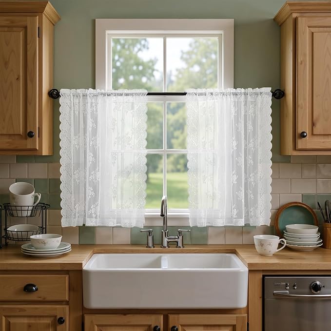 Kotile Short Lace Curtains 30 Inch Length 2 Panels Set, Country Floral Vintage White Lace Kitchen Curtains Over Blinds, Rod Pocket Privacy Sheer Lace Café Curtains for Small Windows, Each 52 x 30 Inch