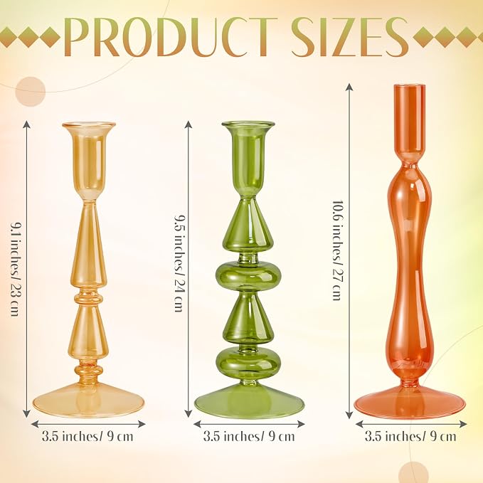 Mumufy 3 Pcs Vintage Christmas Glass Candlestick Holders Neutral Christmas Shaped Glass Taper Candle Holder Amber Olive Honey Gold Xmas Candle Stick Vase Decor for Holiday