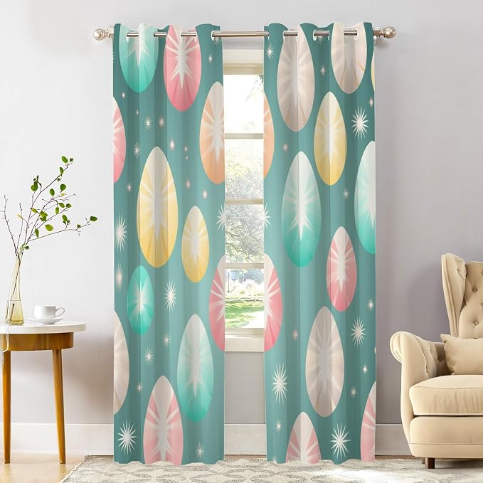 Shrahala Easter Eggs Stars Thermal Insulated Blackout Window Curtains, Colorful Easter Egg Pattern Long Drapes for Bedroom/Living Room with Plastic Grommet, 52X84 Set of 2