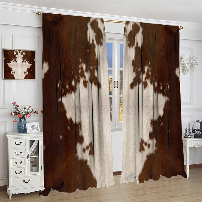 Cow Print Blackout Curtain, Animal Fur Brown Cowhide Western Farm Style Window Treatments Rod Pocket Curtain for Bedroom Living Room Kitchen Decor Drapes 72x63in