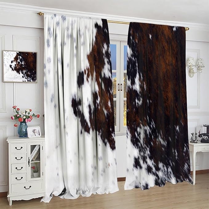 Cow Print Blackout Curtain,Retro Farm Style Animals Brown Cowhide Cow Fur Print Window Treatments Rod Pocket Curtain for Bedroom Living Room Kitchen Decor Drapes 42x63in