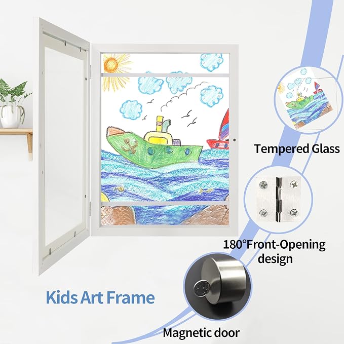 iRahmen Kids Art Frames 8.5x11 - Front Opening Childrens Picture Frame Changeable, Wood Artwork Display Storage for Wall Mount, Magnetic Door Holds 50 Art Pieces for Drawings, 3D Picture, Crafts, Portfolio, White