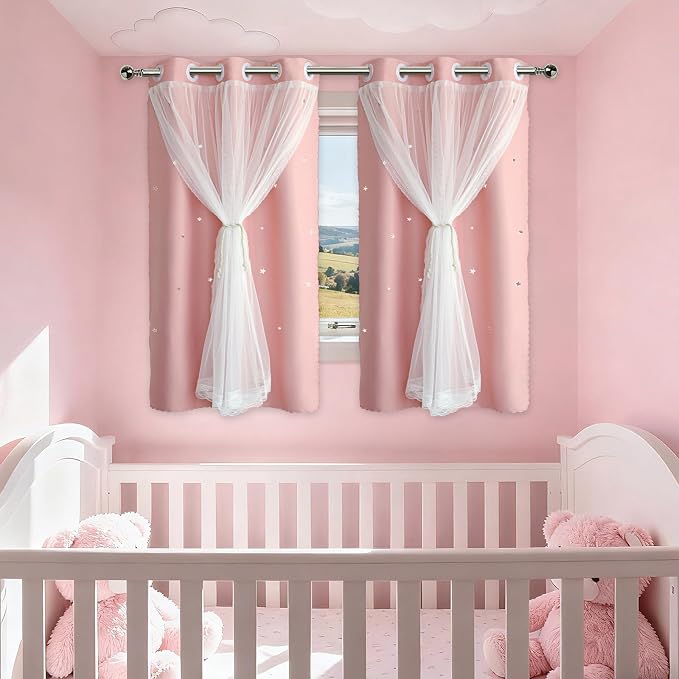 Pink Curtains Cute Blackout Curtains for Girls Bedroom 54 Inches Short 2 Panels Star Cutout Nursery Curtains & Drapes Double Layer with Sheer Overlay Light Blush Room Decor 54 Inch Length