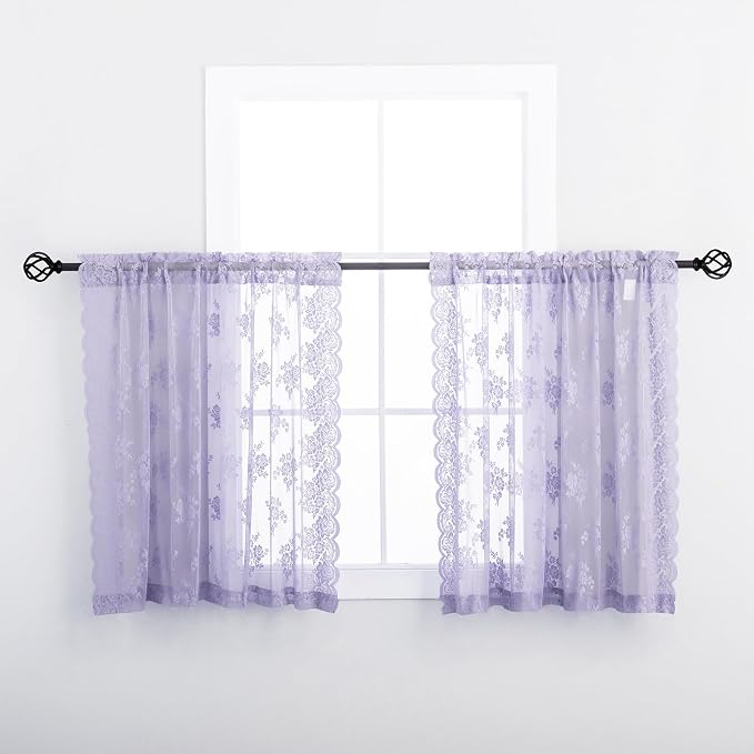 Light Purple Short Sheer Curtains 36 Inch Length, 2 Panels, W42 x L36 Inch Each, Country Rusitc Floral Vintage Small Lace Curtains for Kitchen Window Over Sink, Rod Pocket Privacy Lacy Tier Curtain