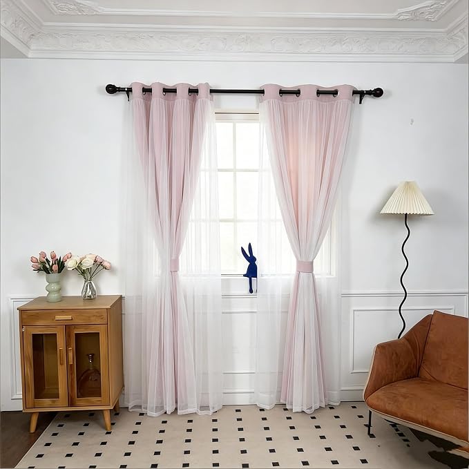 INLINAS Pale Pink Blackout Curtains with Sheer Overlay - Grommet Top Thermal and Noise Reduction Panels for Bedroom and Living Room Light Blocking and Energy Saving, 37 x 63 Inches, Set of 2