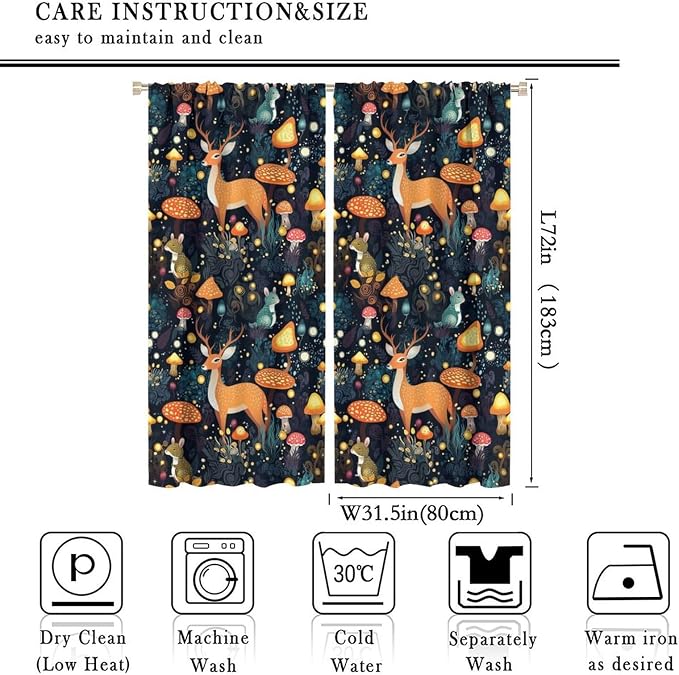 Fantasy Plant Curtains,Cute Woodland Deer Forest Animal Floral Mushroom Print Window Treatments for Bedroom Living Room Study Window Drapes 2 Panels Set,Total Size 63 x 72 Inch
