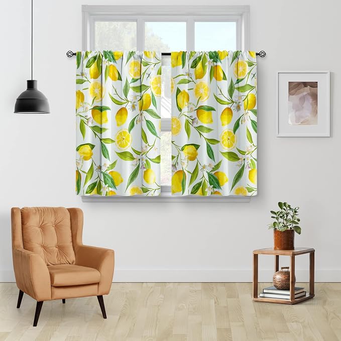 Aimego Lemon Kitchen Tier Curtains - Spring Country Farmhouse Rustic Nature Fruit Short Cafe Curtains for Living Dining Room - Leaves Decor Rod Pocket Window Drapes - 24 Inch Length - 2 Panels Set