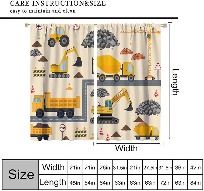 Cartoon Car Blackout Curtain,Boys Kids Construction Equipment Vehicles Excavator Window Curtains Dining Room Living Room Kitchen Cafe Bedroom Office Nursery Drapes,84x84 in