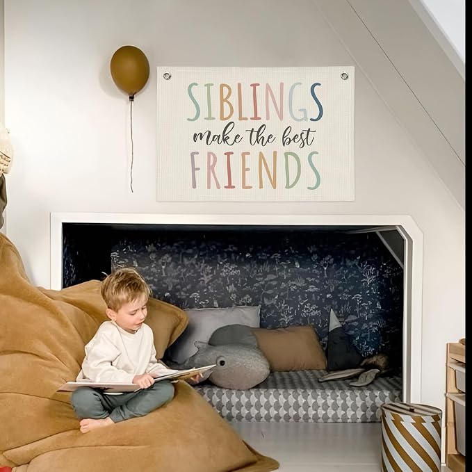 Playroom Wall Decor, Siblings Make The Best Friends, Canvas Banner Wall Hanging Banner Flag Decor for Nursery Classroom Playroom Kids Room