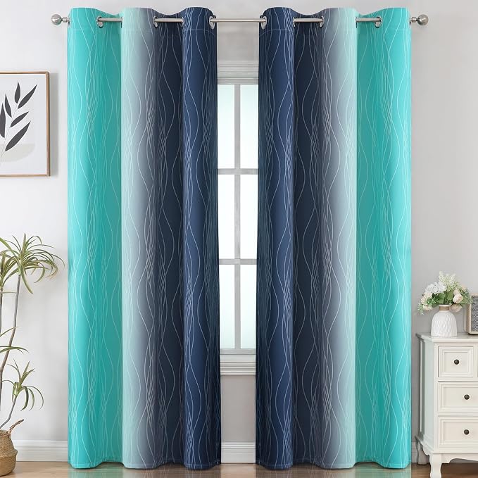 Estelar Textiler Navy Blue and Teal Ombre Blackout Curtains for Bedroom, Thermal Insulated Gradient Blackout Drapes, Full Room Darkening Energy Saving Curtains for Living Room, 42Wx84L, 2 Panels