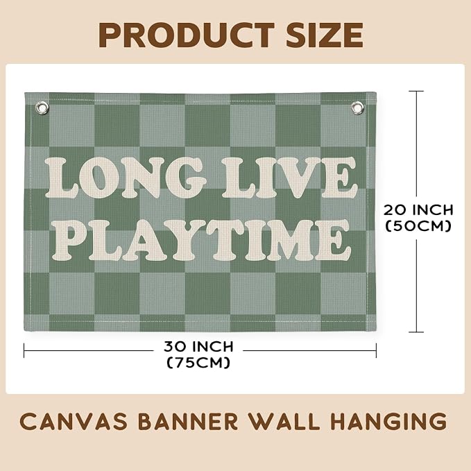Long Live Playtime Banner, Boy Nursery Decor, Sage Green Blue Canvas Banner Wall Hanging Banner Flag Decor for Nursery Playroom Toddler Room, Boys Kids Room Decor, 26x19 Inch, Beige