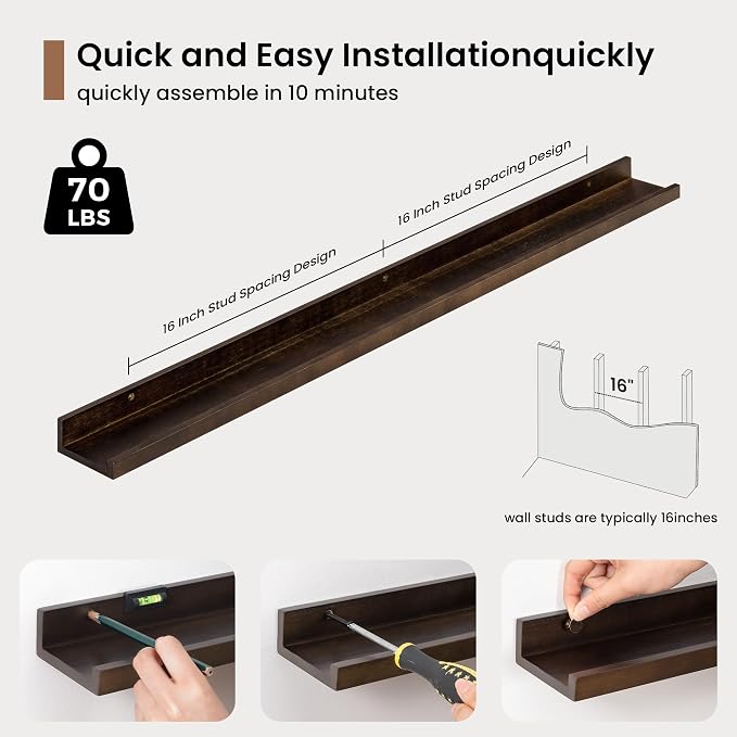 Picture Ledge Shelf, Floating Shelves Set of 2, 40 Inches Solid Wood Nursery Book Shelves for Toys Storage, Kids Bookshelf Wall Mounted for Living Room Bedroom Decor Books Photo Frames, Walnut
