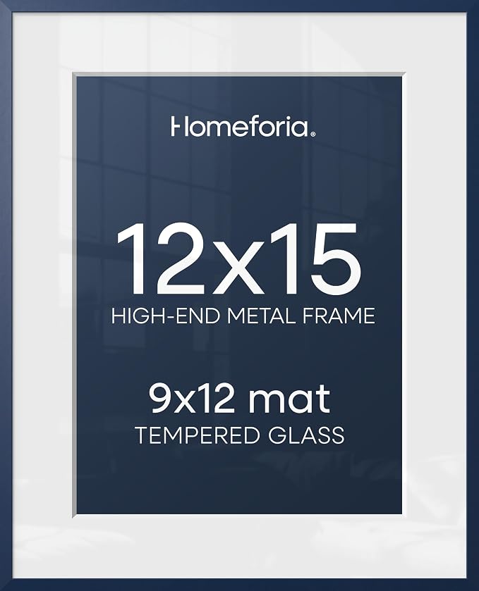 Homeforia 12x15 Navy Blue Picture Frame, High End Metal 12x15 Poster Frames with Mat 9x12 Photo, 12 x 15 Navy Blue Frames Matted to 9 by 12 Print, 15x12 Thin Frames, Tempered Glass, Wall Kit, Set of 1