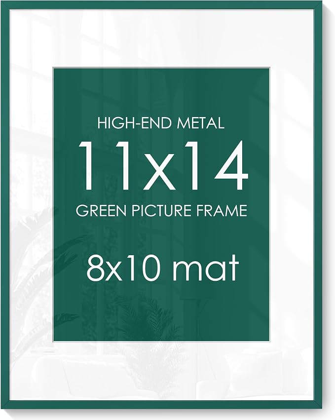 11x14 Picture Frame for 8x10 Photo, Minimalist Aluminum Frame, Dark Green | Deep Green Metal Frame for Wall, Desk & Gift | Shatterproof Glass & Hardware