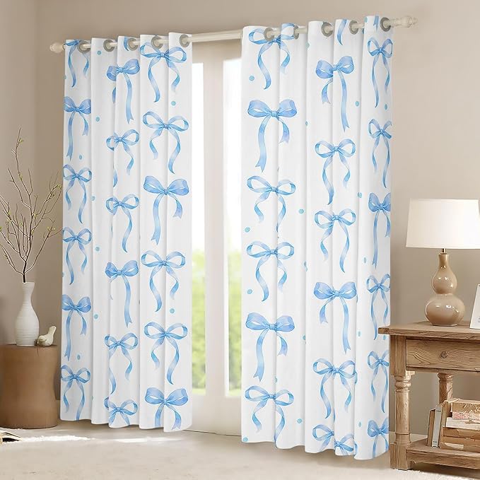 Feelyou Girls Bow Curtains for Bedroom Living Room Blue Bowknot Blackout Darkening Drapes Coquette Aesthetic Window Treatments, 2 Panels 52 x 96 Inch Kawaii Cute Princess Style Room Decor