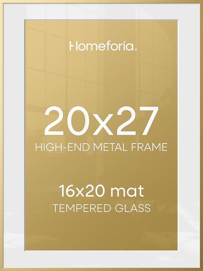 Homeforia 20x27 Picture Frame Gold, High End Metal 20x27 Poster Frames with Mat 16x24 Photo, 20 x 27 Gold Frame Matted to 16 by 24 Print, 27by20 Thin Hanging Frames, Tempered Glass, Wall Kit, Set of 2