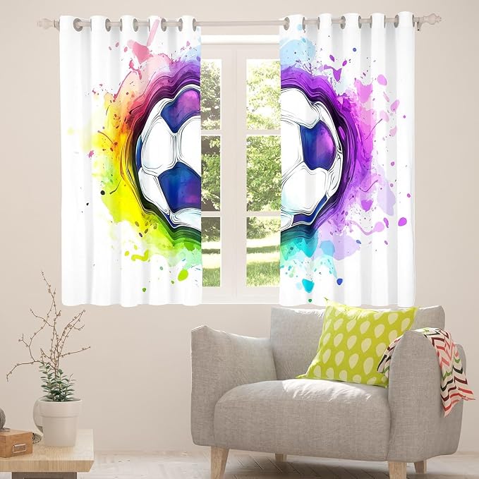 Erosebridal Teens Soccer Window Drapes, Football Print Curtains for Kids Boys Girls Sports Games Theme Window Curtain Panels Tie-Dye Watercolor Window Treatment Set for Living Room 104"X 84"