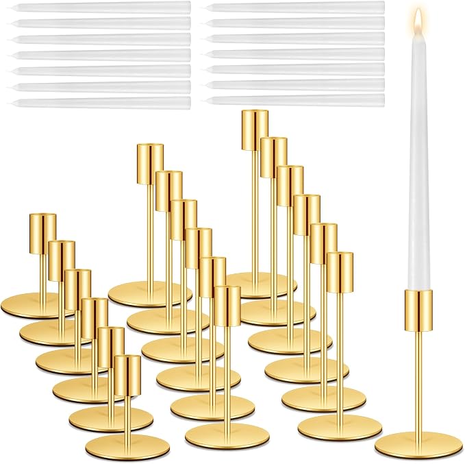 18 Set Candle Holders Bulk with 10'' Dripless Taper Candles 3.3'' 5.5'' 6.3'' Metal Candlestick Holders Vintage Modern Decorative Table Centerpiece for Wedding Birthday Home Decor (Gold)