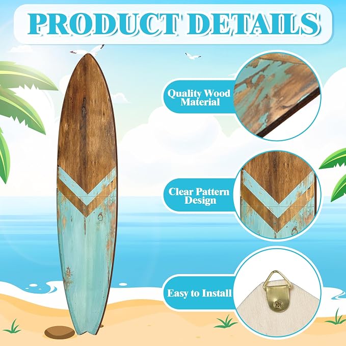 Yookeer 3 Pcs Surfboard Wall Decor,36" x 12" Large Wooden Coastal Beach Wall Decor Set, Aesthetic Cute Beachy Tropical Surf Board Art for Room Bedroom Decoration(Blue,Rustic)