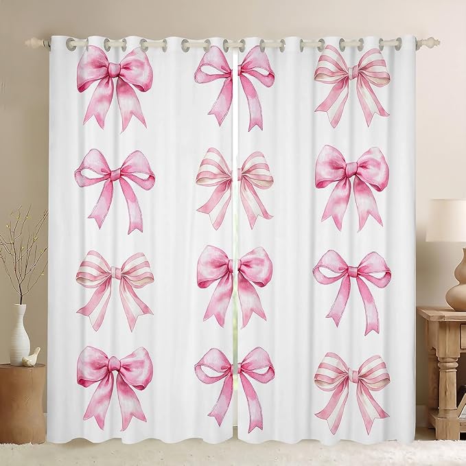 Erosebridal Kawaii Bow Window Curtain Pink White Strip Bow Curtain Cute Ribbon Bowknot Window Treatments Pink Bows Curtains & Drapes 52" Wx84 L for Kids Girls Bedroom Decor