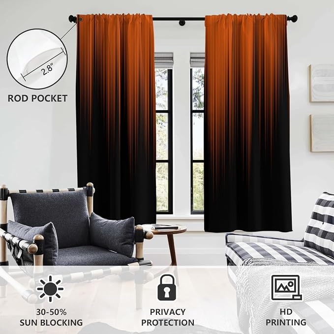 AAtter Orange and Black Ombre Window Curtains, 2 Panels, 42" W x 63" L | Terracotta Modern Rod Pocket Drapes, Dark Abstract Striped Style, Cool Anime Design, Trendy Gradient Bedroom Decor for Men