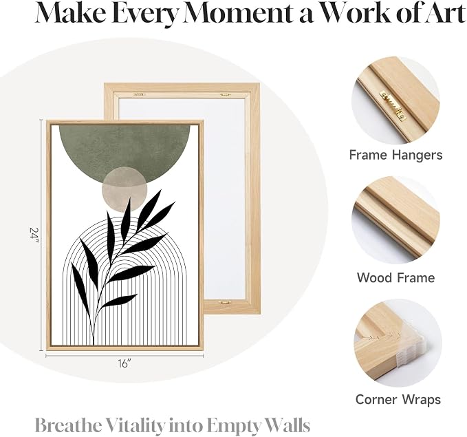 Framed Boho Sage Green Wall Art for Living Room, 3 Piece Large Abstract Botanical Canvas Artwork Decor, Beige White Sun Moon Geometric Leaf Painting Prints for Bedroom Dining Room Office 16x24 Inch