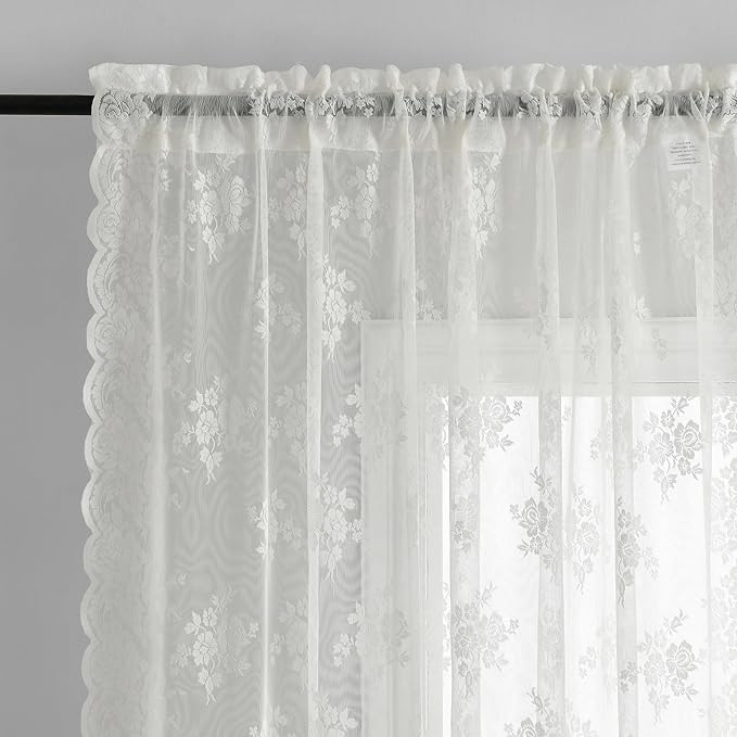Kotile 30 Inch Lace Curtains Short 2 Panels Set, Country Rustic Floral Scalloped Lace Kitchen Window Curtains Over Sink, Rod Pocket Privacy Sheer Lace Café Curtains, Each 52 x 30 Inch, Ivory