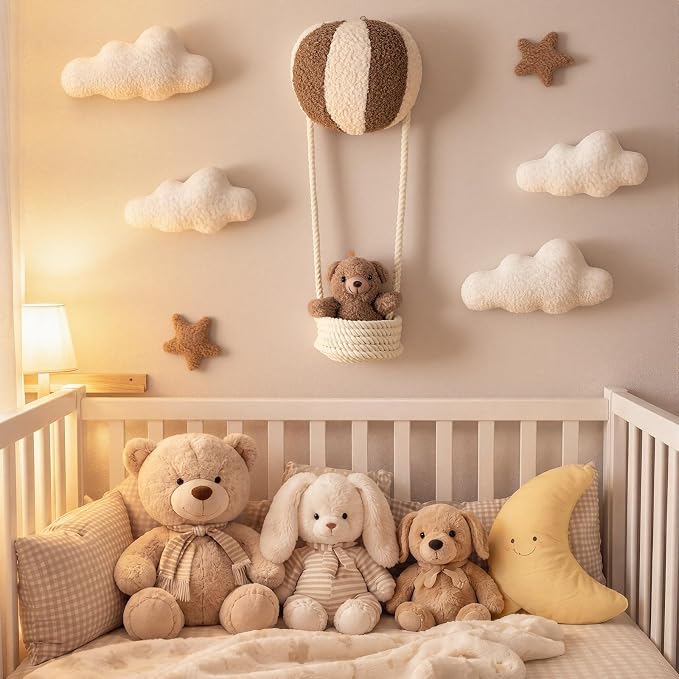 Chumia 7 Pcs Teddy Bear Nursery Wall Decor Hot Air Balloon Nursery Wall Art with Clouds Star Soft Plush Baby Room Decor Gender Neutral for Bedroom Playroom Decoration
