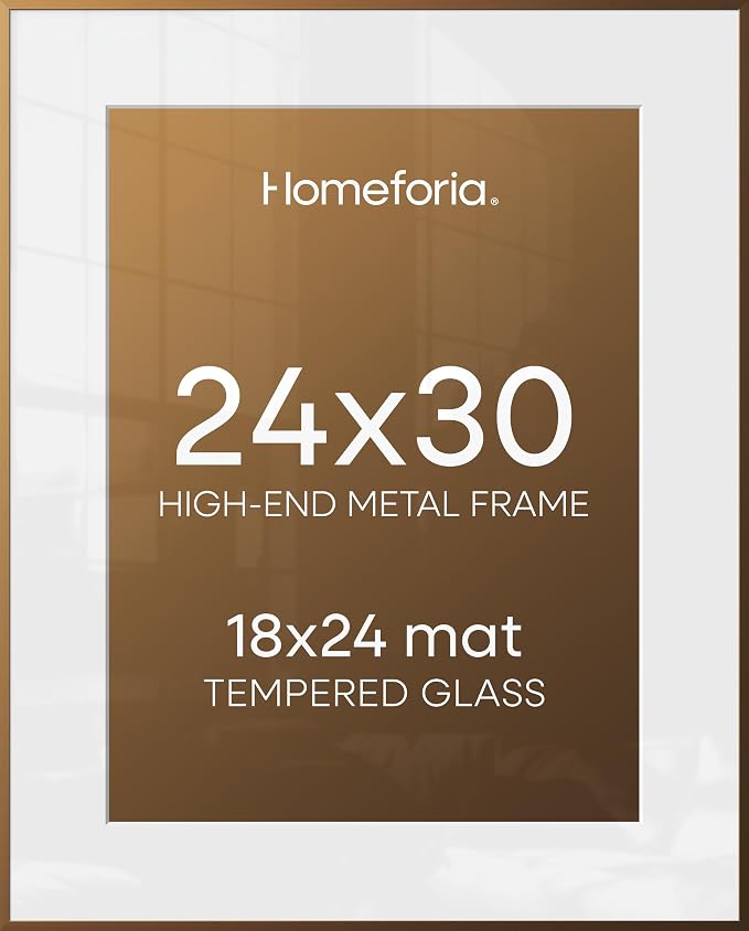 Homeforia 24 x 30 Bronze Frame, High End Metal 24x30 Large Poster Frames with Mat 18x24 for Photo, 24 x 30 Brass Picture Frame Matted to 18 by 24 Print, 30x24 Frame, Tempered Glass, Wall Kit, Set of 2