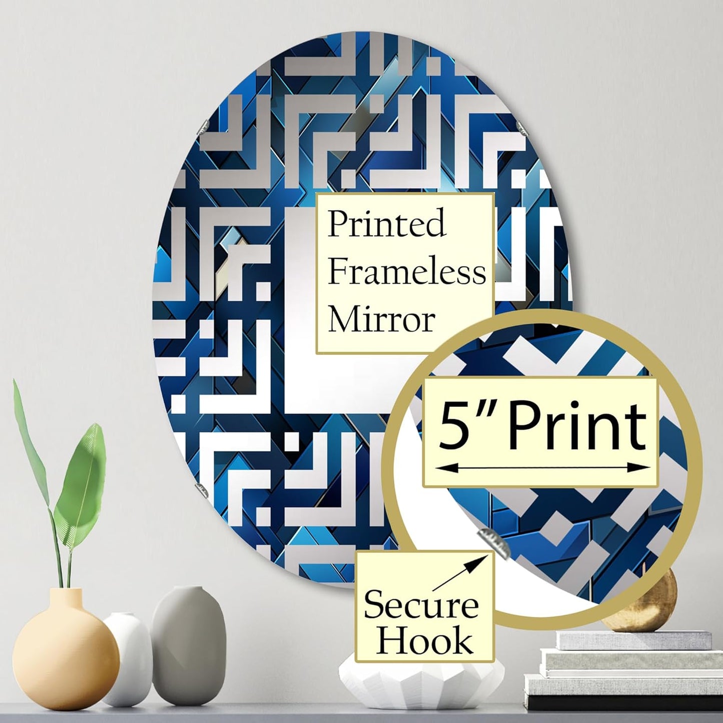 Symmetric Cubes in Deep Cobalt Blue - Geometric Maze - 20x30 Inches - Oval Decorative Wall Mirror for Bathroom, Bedroom, Entryway, Living Room, Vanity Room and Modern Décor