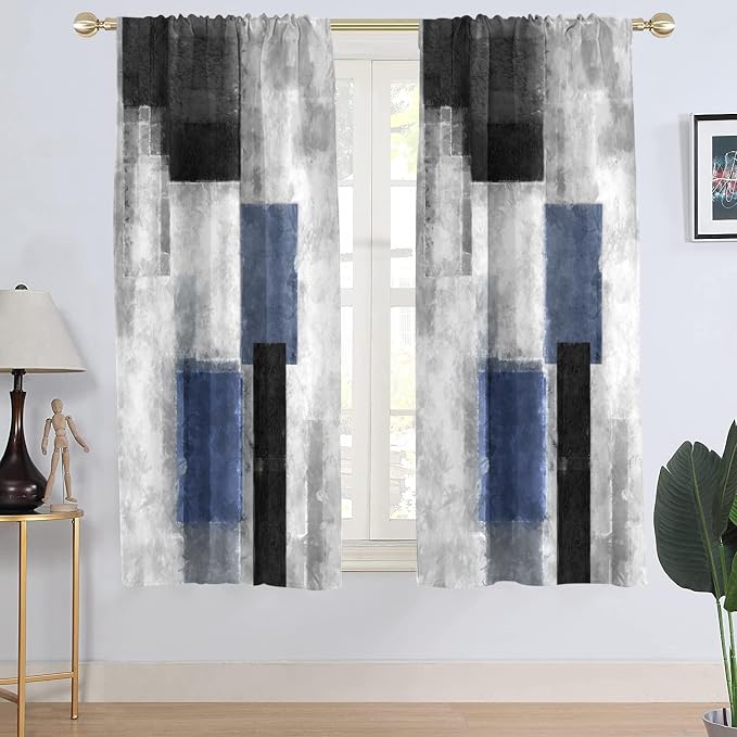 AAtter Blue Black Grey Window Curtain Navy White Gray Abstract Geometric Art Aesthetic Minimalist Boys Mens Wide Living Room Bedroom Drapes Treatment Fabric 1 Pair, 52" W x 63" L, Modern