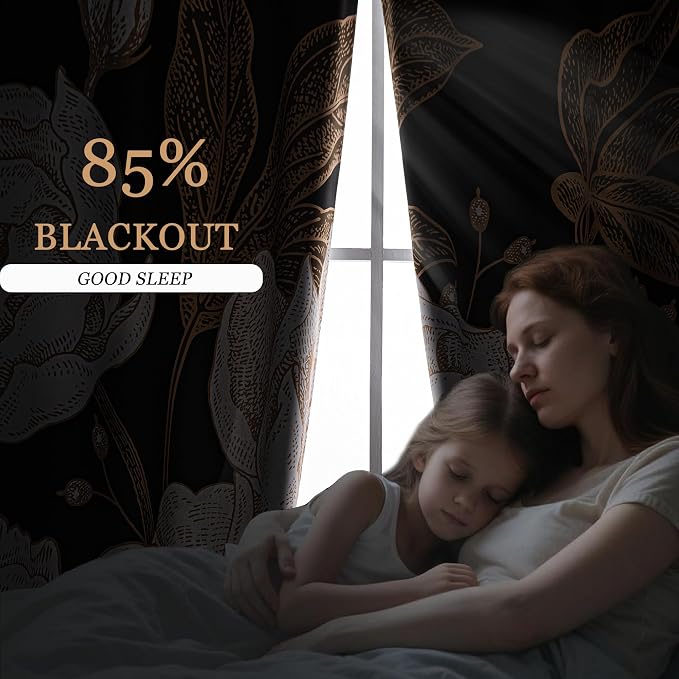 Boho Floral Blackout Curtain, Black Gold Flowers Aesthetic Art Curtains Darkening Thermal Insulated Grommet Window Drapes for Living Room Bedroom Decor 2 Panels 52x84 Inches